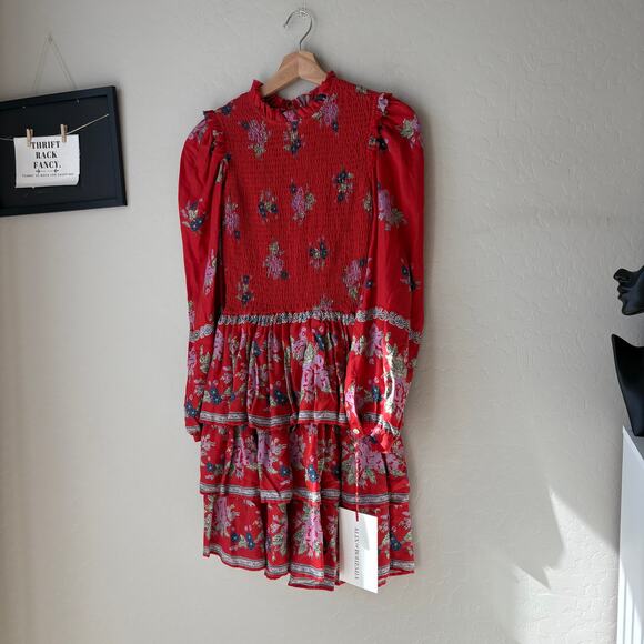 NWT Alix of Bohemia Dress Floral Red Selma Carmine Smocked Long Sleeve Dress XS - Picture 3 of 9